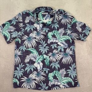 Tommy Bahama Mens Large 100% Silk Hawaiian Shirt Palm Tree Print Button Down EUC